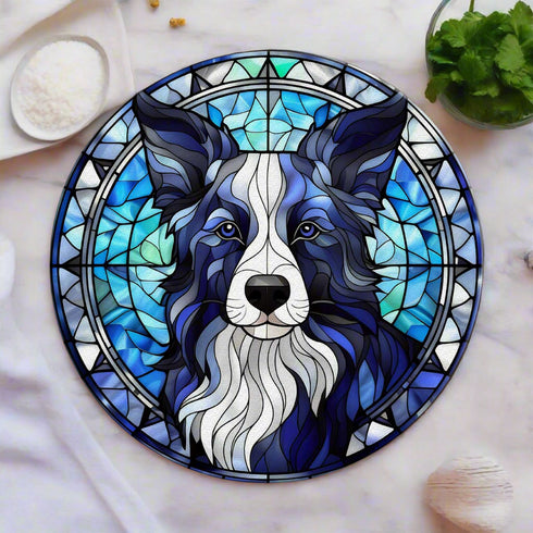 Border Collie Long Haired Circular Glass Suncatcher Worktop Saver